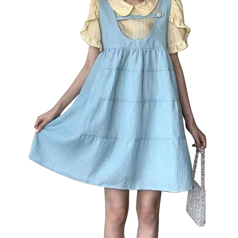 2 Piece Overall Dress Cute Sweet Frill Trim Turn Down Collar Shirt Loose A Line Overall Dress for Summer Yellow and Blue M