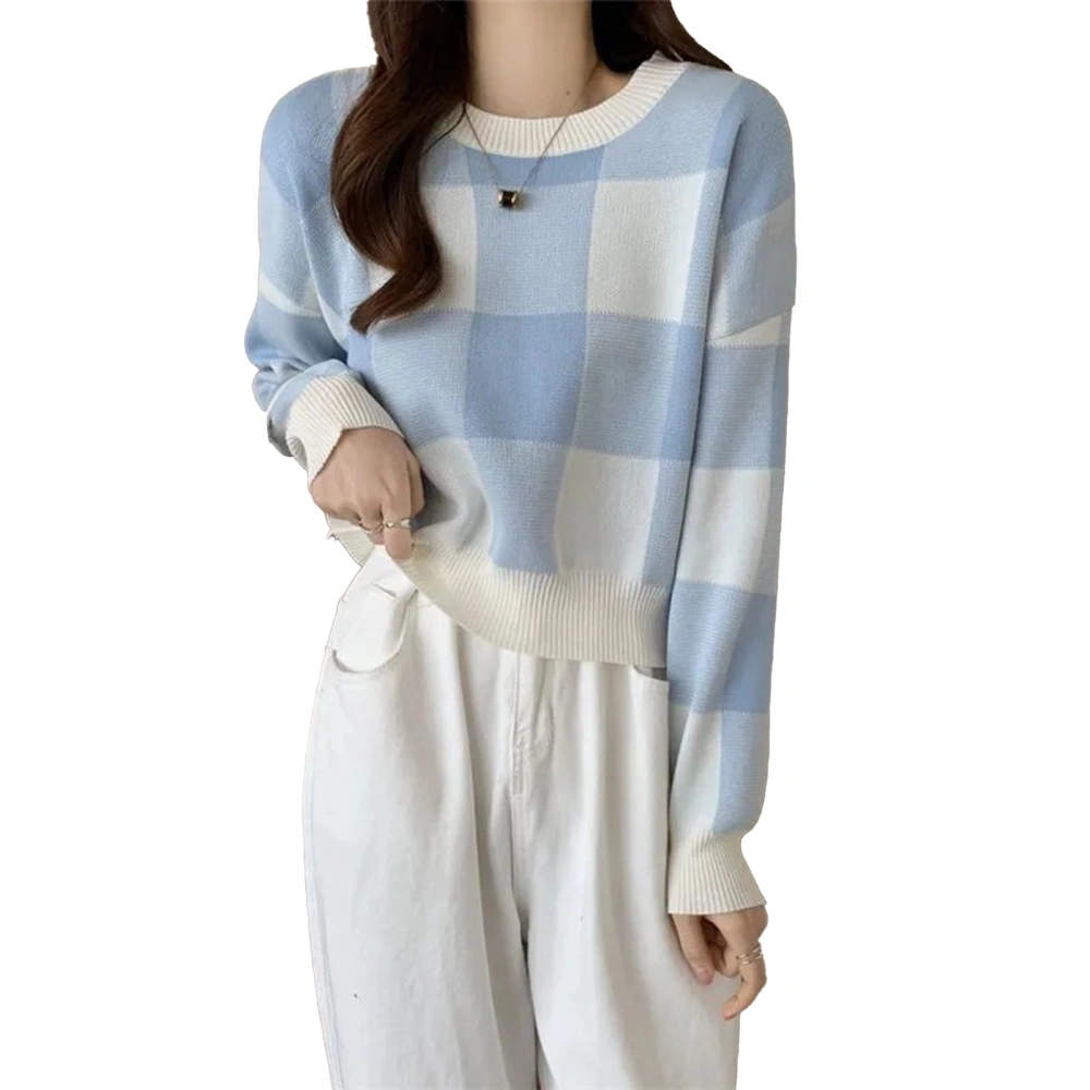 Women Knit Sweater Round Neck Loose Fit Long Sleeve Plaid Casual Pullover Top for Spring Blue One Size (37.5‑60kg / 82.7‑132.3lb )