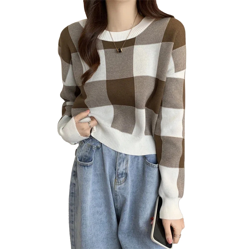 Women Knit Sweater Round Neck Loose Fit Long Sleeve Plaid Casual Pullover Top for Spring Brown One Size (37.5‑60kg / 82.7‑132.3lb )