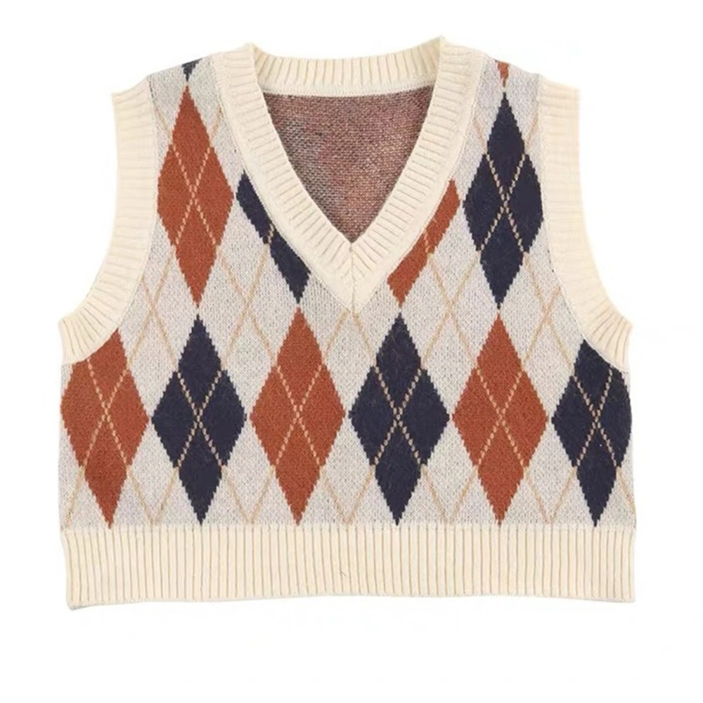 V Neck Knitted Vest Japanese Style Diamond Block Plaid Women Short Overlapping Wear Sweater White Free Size