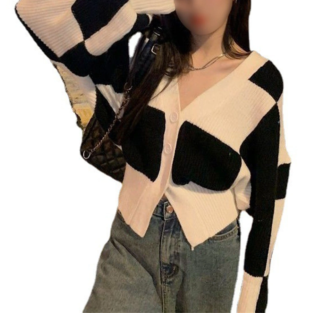 Color Block Sweater Coat V Neck Vintage Loose Casual Color Block Button Open Front Knit Outwear for Autumn Black White Free Size