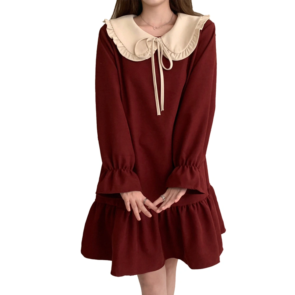 Woman Doll Collar Mini Dress Ruffle Long Sleeve Flowy A Line Contrast Ruffle Collar Swing Flare Dress Wine Red S