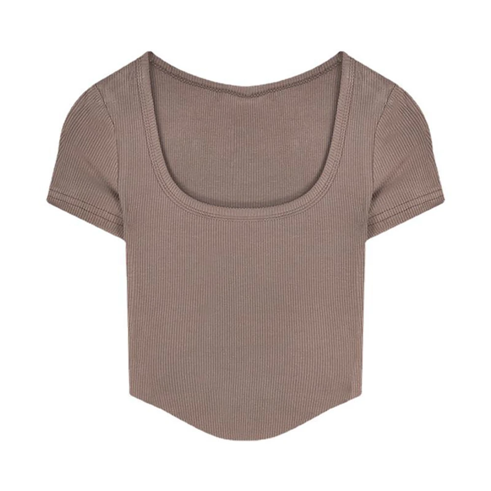 Short Sleeve Slim Fit Tops for Girls Three Dimensional Cutting Erogenous Elasticity Breathable Short Sleeve T Shirt Coffee Color M