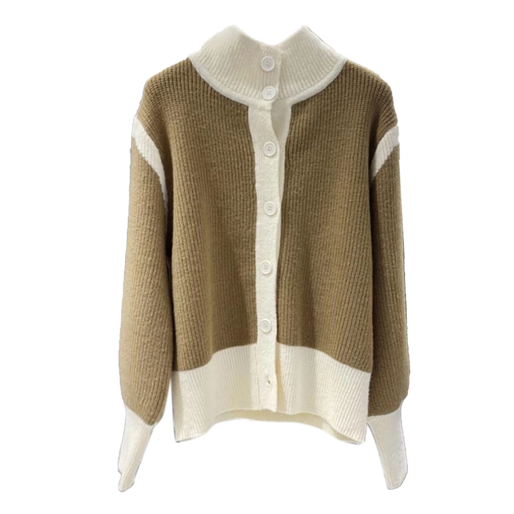 Knit Sweater Coat Button Up Long Sleeved Turtleneck Open Front Color Block Sweater Outwear Khaki Free Size