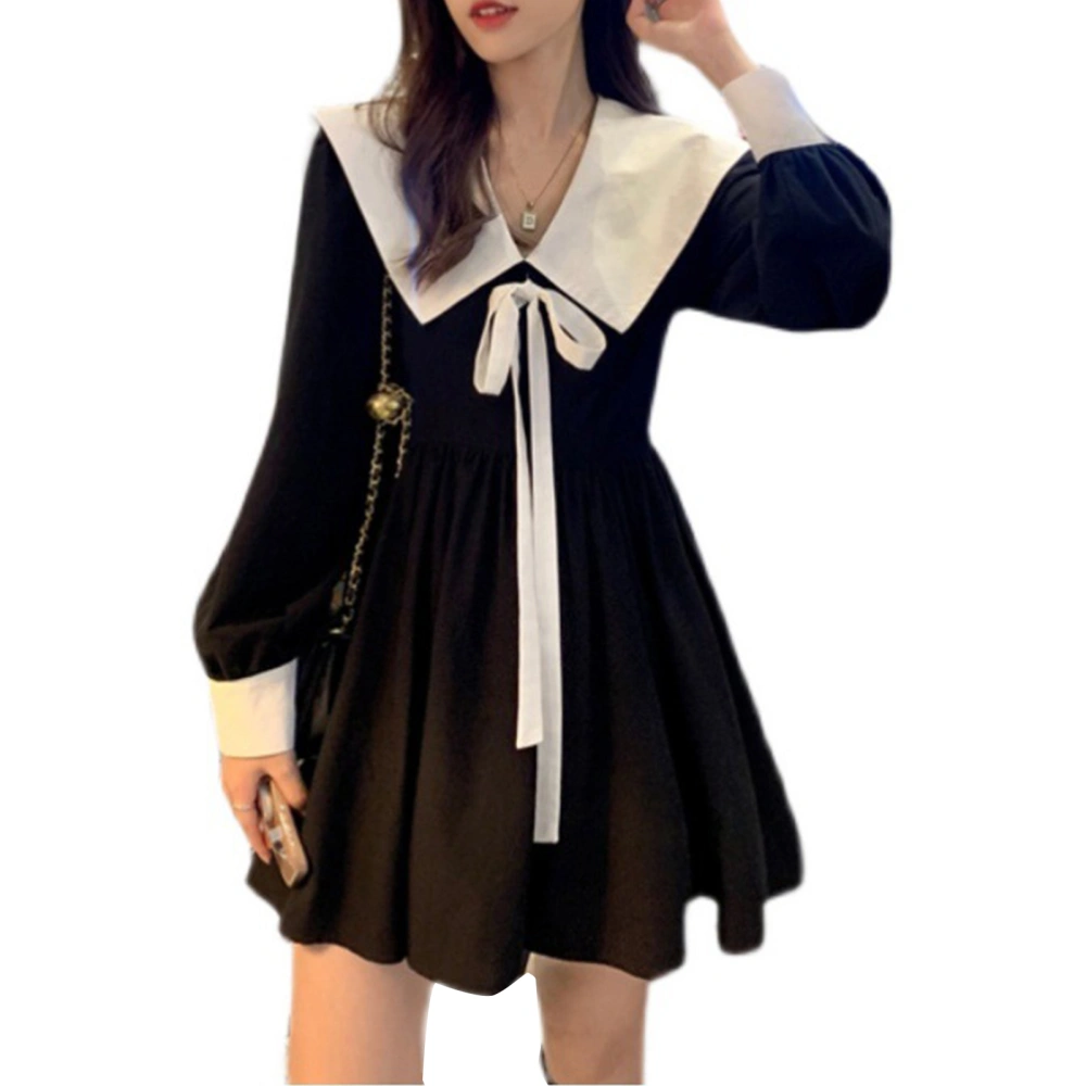 Long Sleeve Mini Dress French Lace V Neck Black White Puff Sleeve Women Summer Dress for Party Shopping Travel Dress S