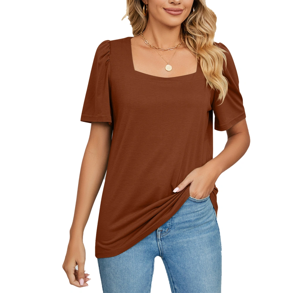 Puff Sleeve T Shirt Women Loose Casual Elegant Pure Color Short Sleeve Top Blouse for Office Work Caramel L