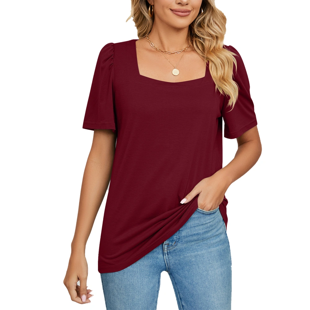 Puff Sleeve T Shirt Women Loose Casual Elegant Pure Color Short Sleeve Top Blouse for Office Work Burgundy L