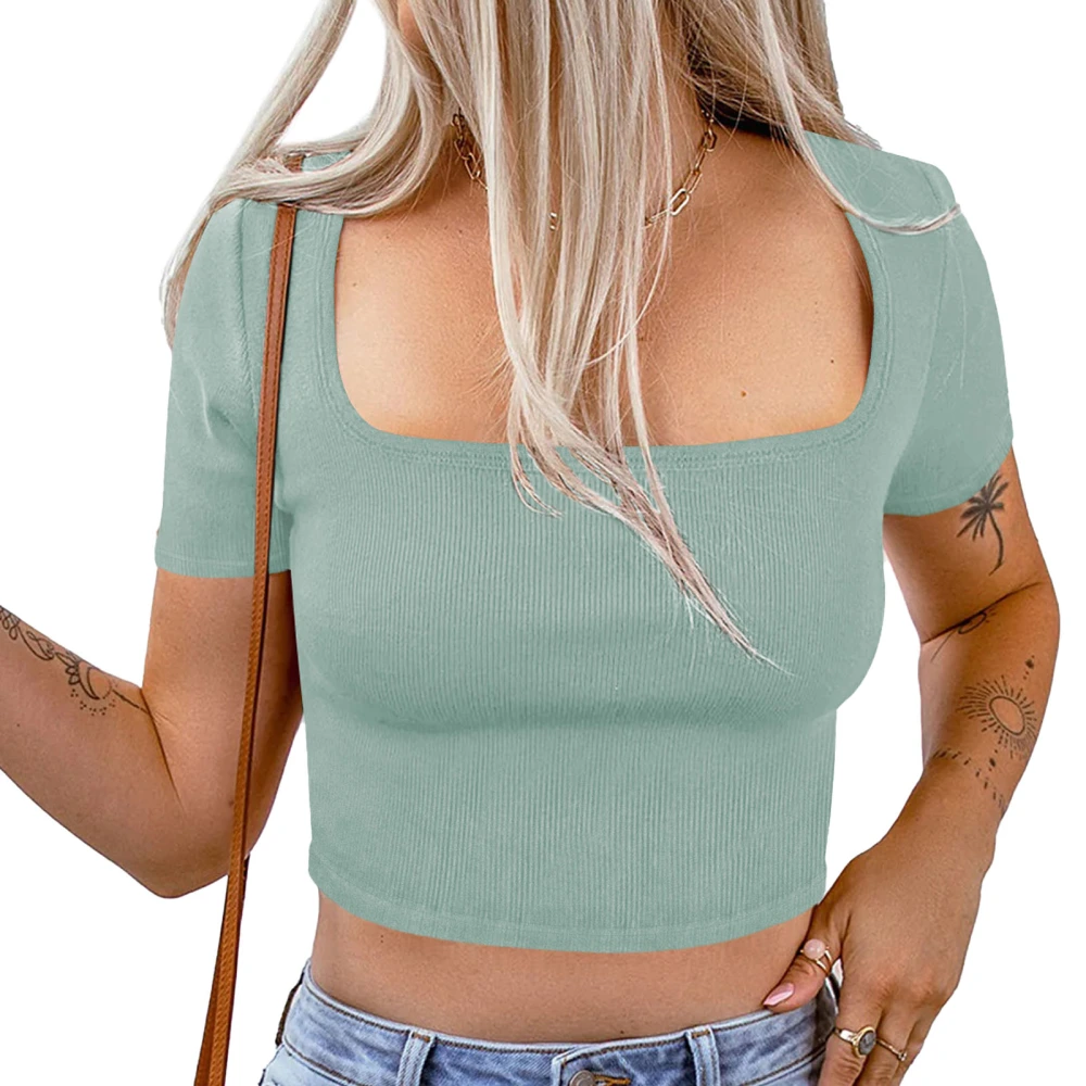 Knit Rib Tank Short Sleeve Slim Fitted Stretchy Knitted Vest Tee Top for Women Dating Working Light Gray Green M