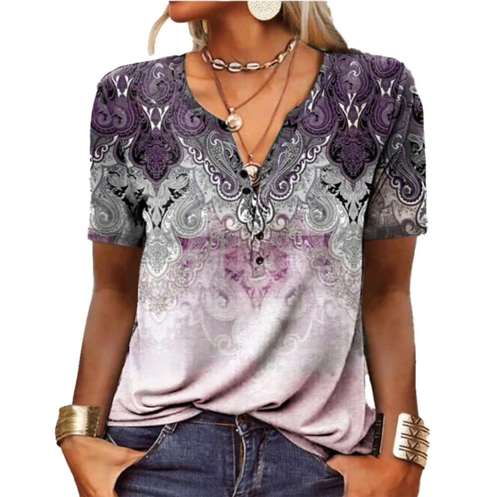 Women Summer Button Collar T Shirt Short Sleeve Printed Casual Loose Fitting Pullover Top Pink L