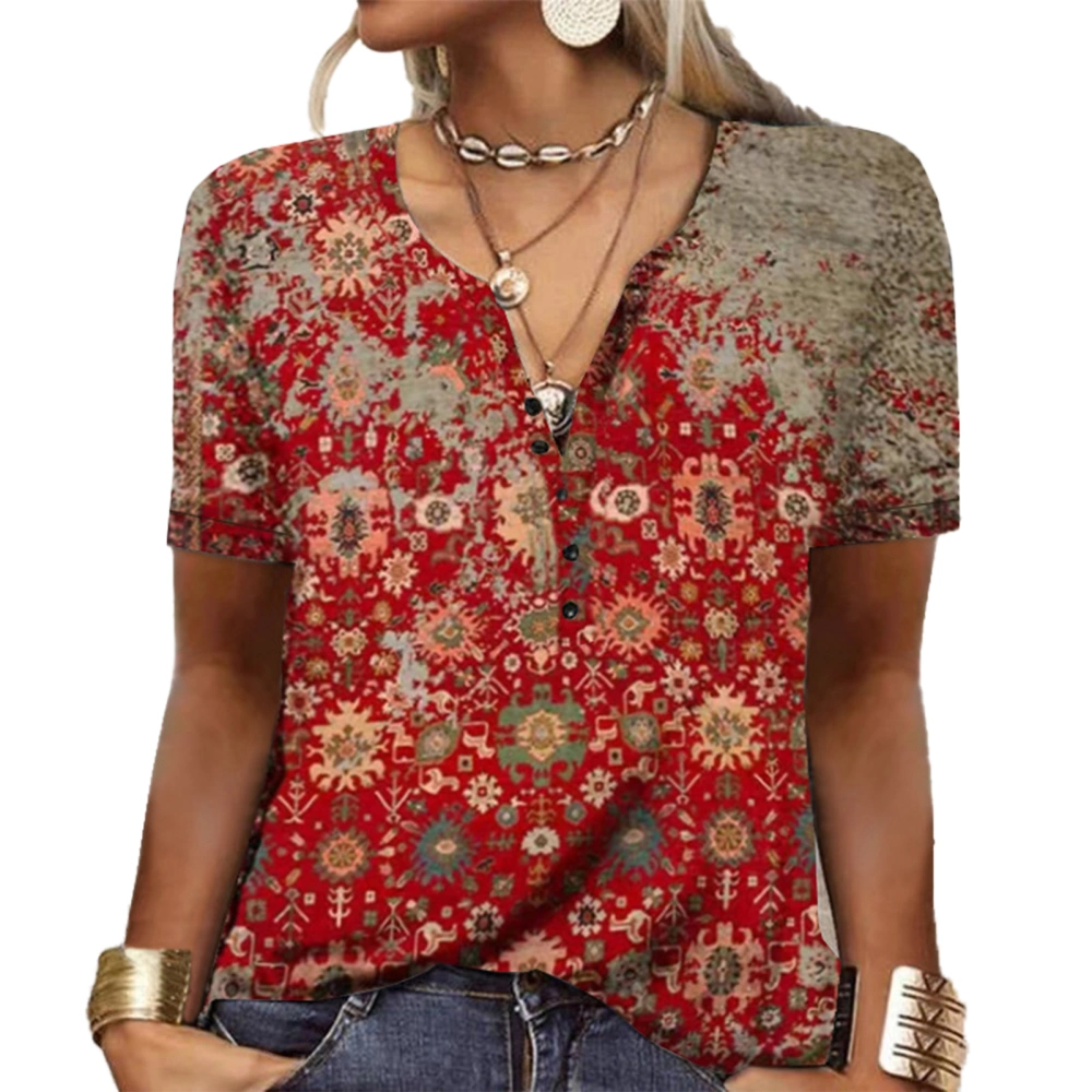 Women Summer Button Collar T Shirt Short Sleeve Printed Casual Loose Fitting Pullover Top Floral Red M