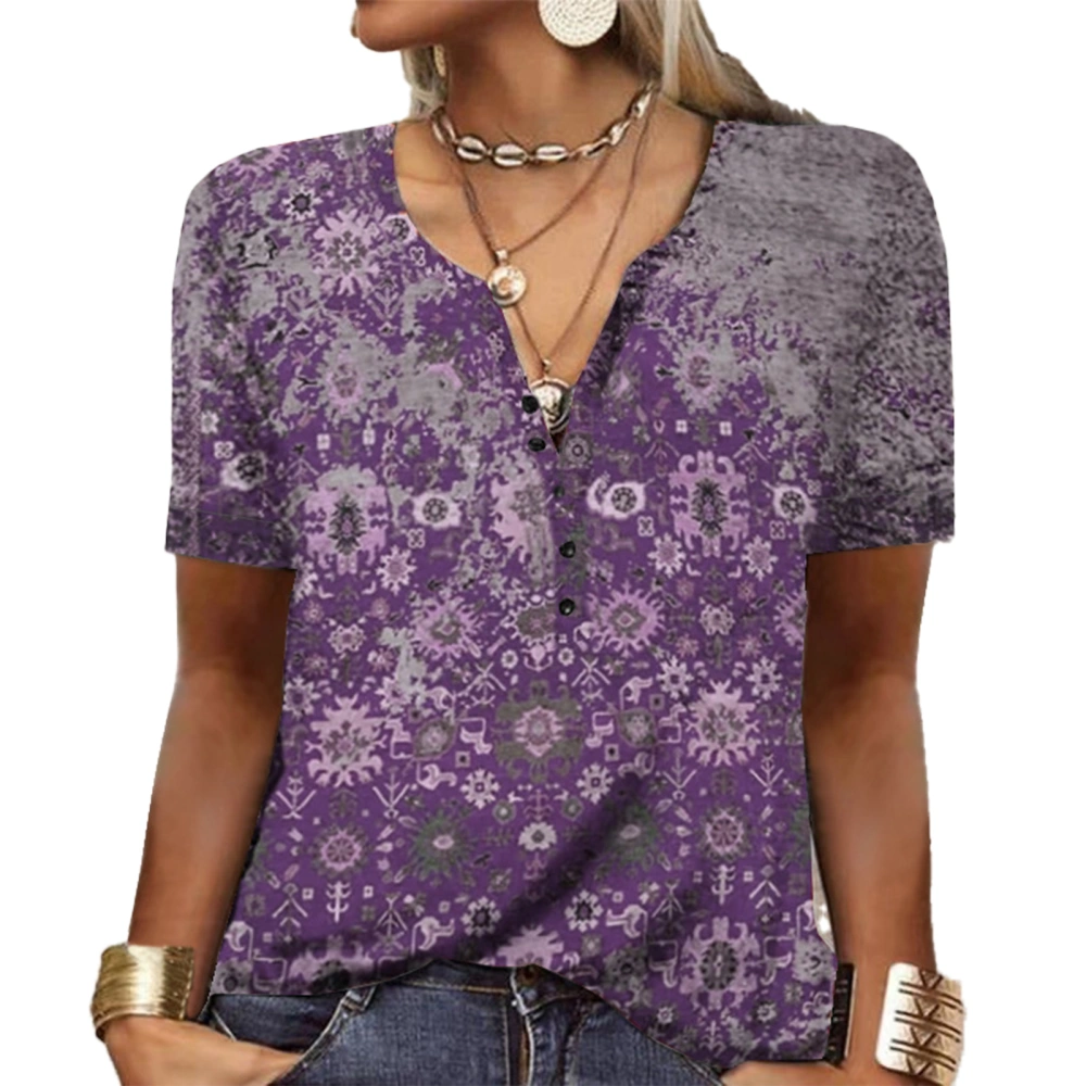 Women Summer Button Collar T Shirt Short Sleeve Printed Casual Loose Fitting Pullover Top Floral Dark Purple S