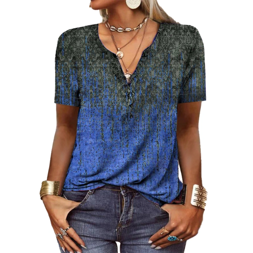 Women Summer Button Collar T Shirt Short Sleeve Printed Casual Loose Fitting Pullover Top Blue S