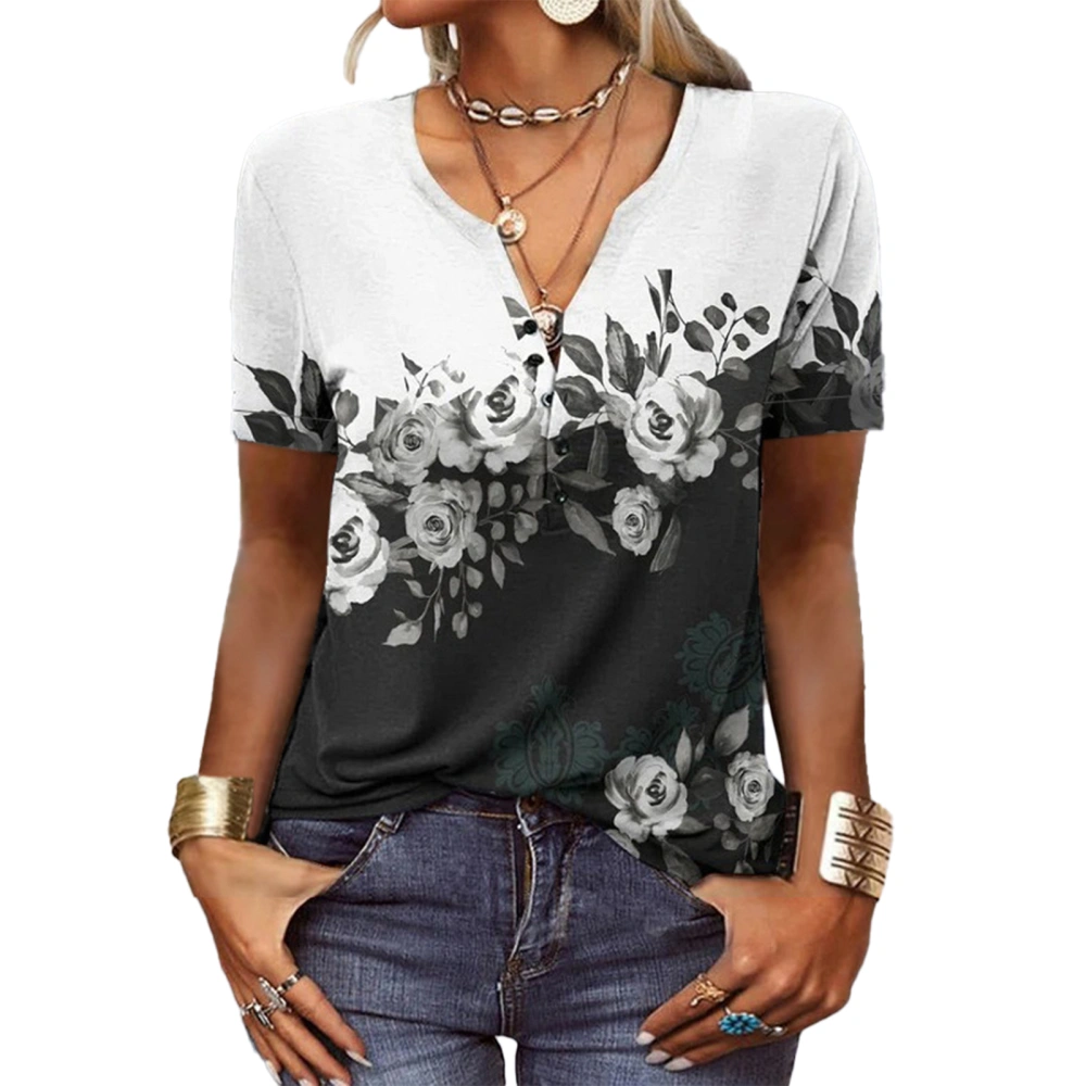 Women Summer Button Collar T Shirt Short Sleeve Printed Casual Loose Fitting Pullover Top Black S