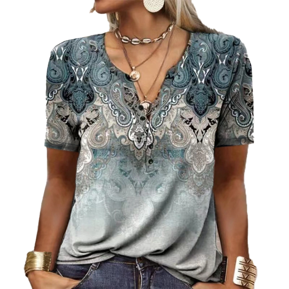 Women Summer Button Collar T Shirt Short Sleeve Printed Casual Loose Fitting Pullover Top Ocean Blue S