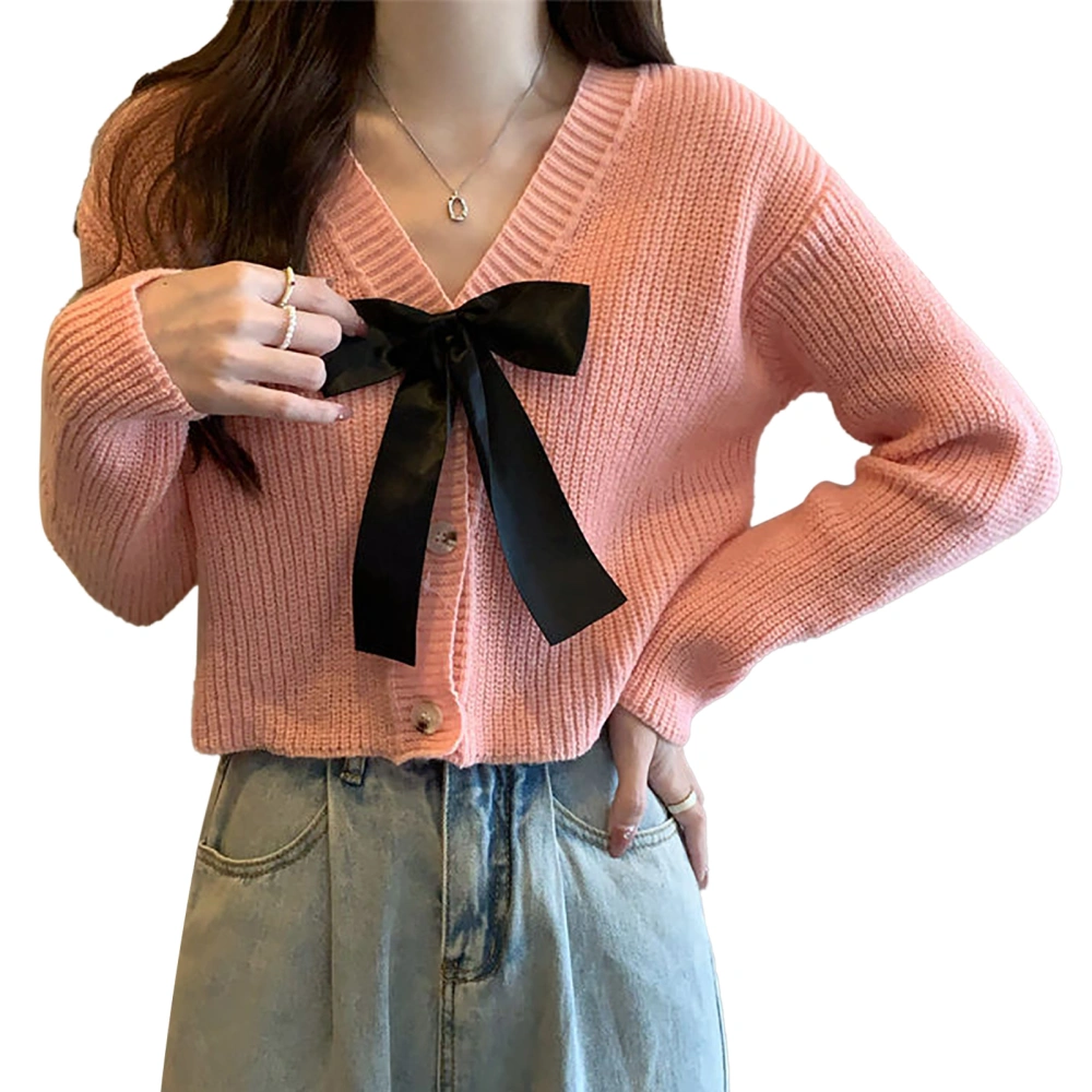 Long Sleeve V Neck Bow Knit Open Front Outwear Women Elegant Soft Button Up Sweater Top for Dating Pink Free Size for 77.2‑132.3lb