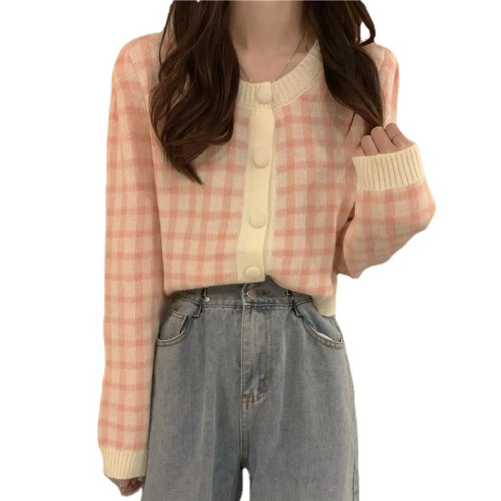 Open Front Sweater Retro Style Plaid Pattern Long Sleeve Button Down Knit Outwear Women Casual Sweater for Spring Autumn Pink Free Size