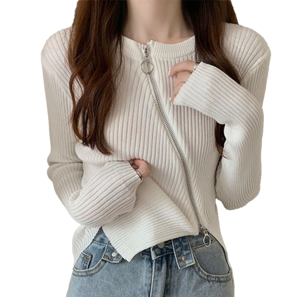 Knitted Sweater Zipper Front Round Neck Asymmetrical Hem Long Sleeve Open Front Ribbed Sweater for Lady White S 82.7‑33.1lb