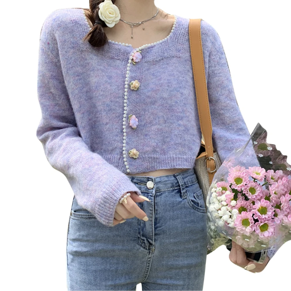 Short Button Sweater Coat Long Sleeves Flower Button Elegant Cute Short Knit Coat for Spring Purple Free Size