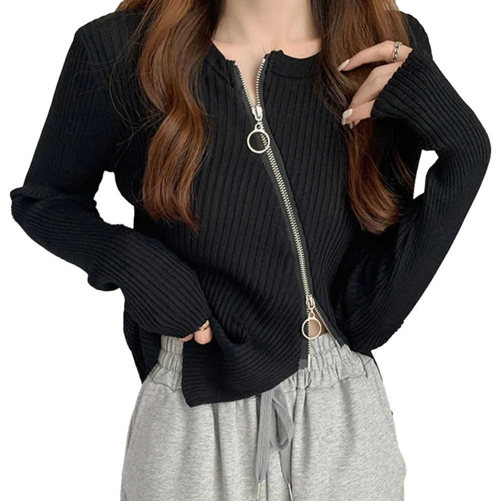 Knitted Sweater Zipper Front Round Neck Asymmetrical Hem Long Sleeve Open Front Ribbed Sweater for Lady Black M 99.2‑110.2lb