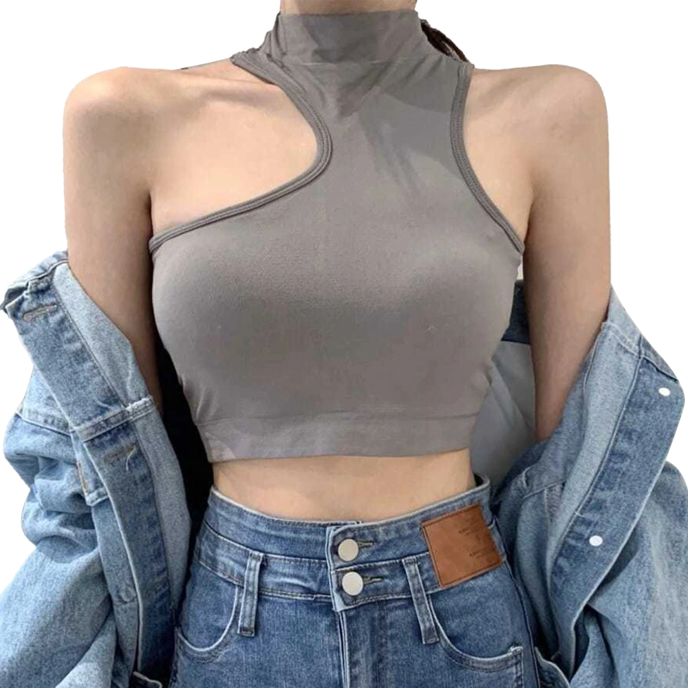 Body Contour Sleeveless Top High Neck Halter Slim Charming Fashionable Short Style for Women Grey M