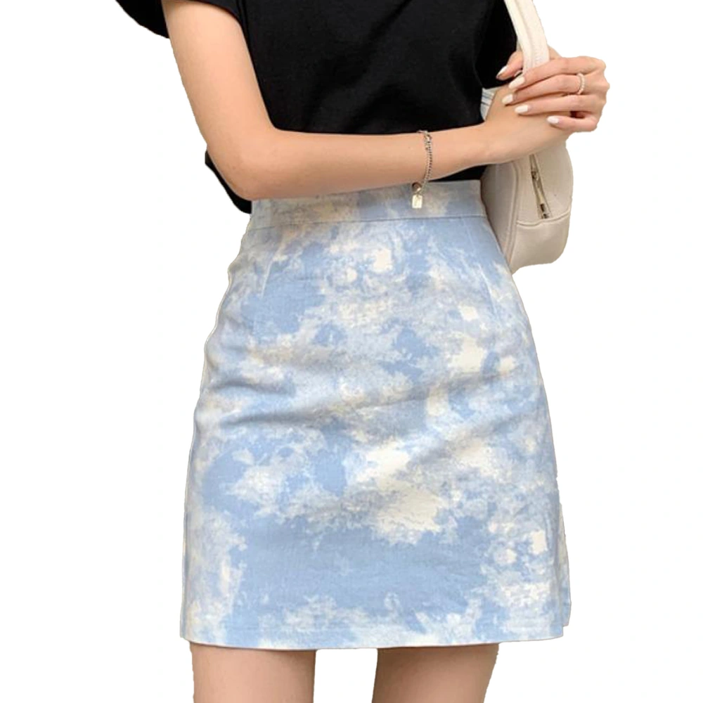 Women Skirt A Line High Waist Slim Fit Girl Dress Polyester for Party Date Office Blue XL