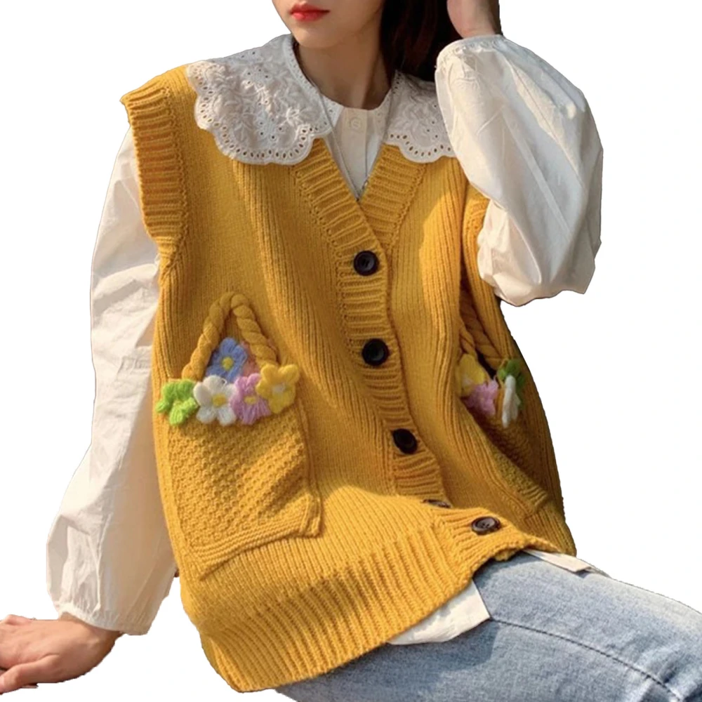 Women Sweater Vest V Neck Sleeveless Knitted Button Up Casual Loose Fit for Dating Work Shopping Yellow Free Size