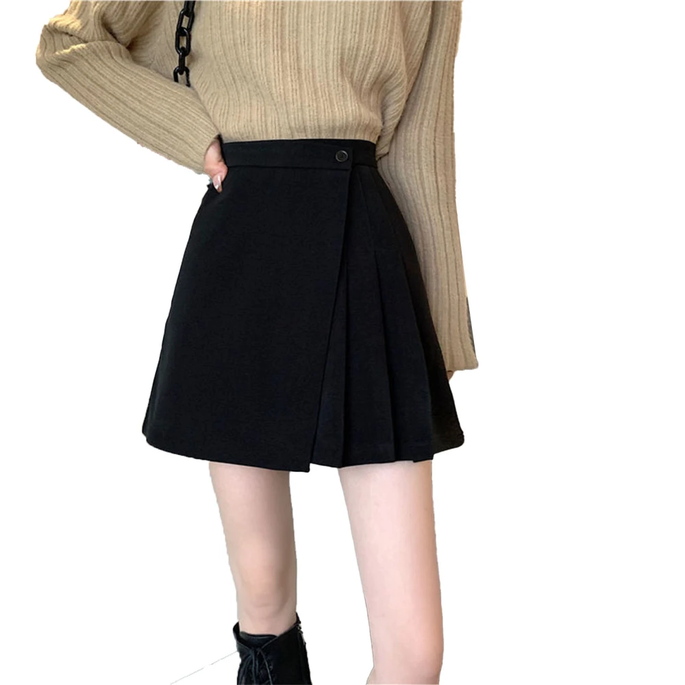 High Waist Pleated Skirt Plain Pattern Irregular Elegant Stylish A Line Mini Skirt with Lining Black S (40-47.5KG)