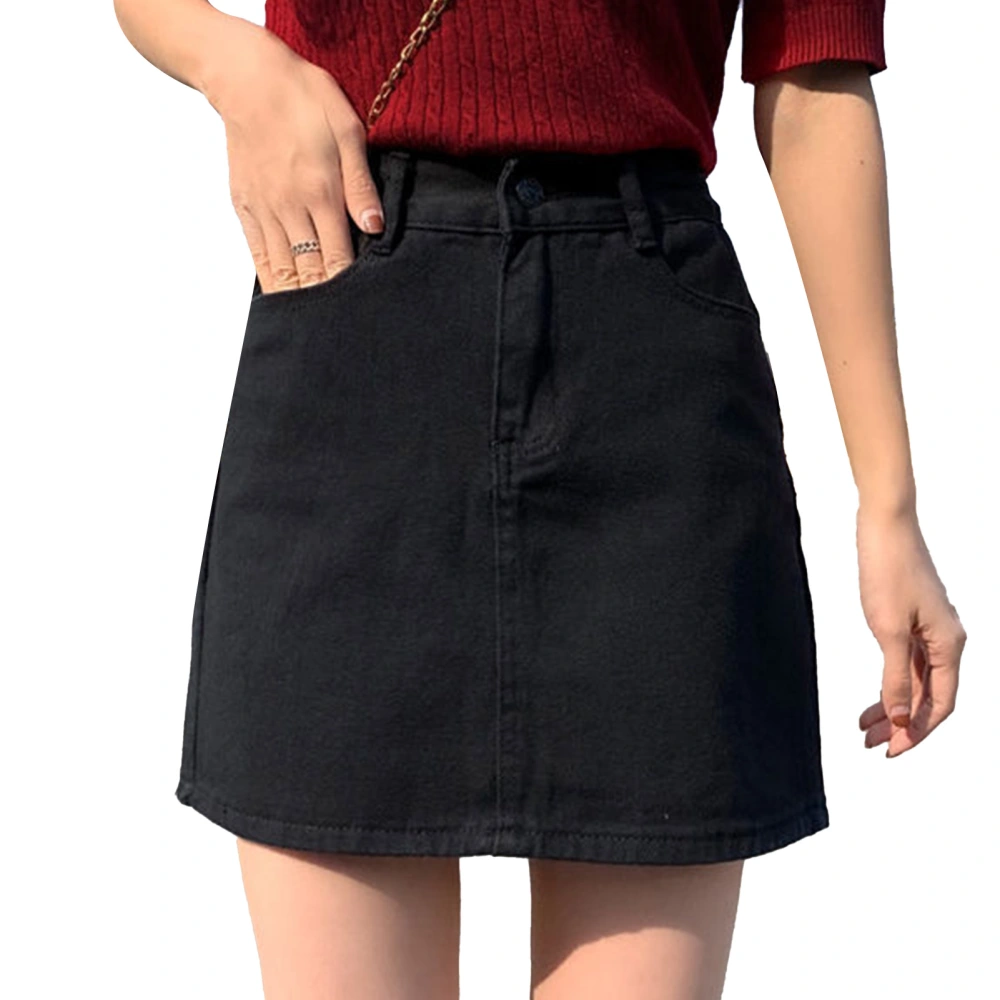 Women A Line Denim Short Skirt High Waisted Straight Pure Color Slim Fitting Short Skirt Black L