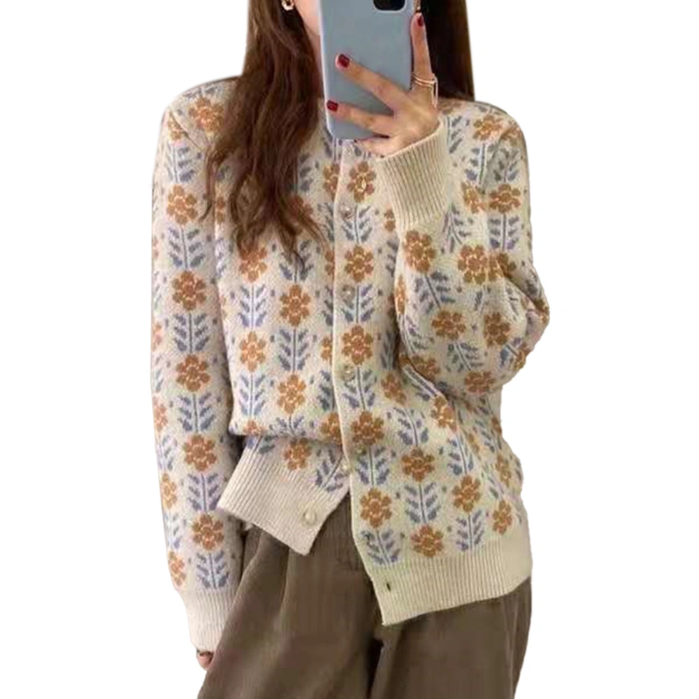 Long Sleeve Crewneck Flower Pattern Button Up Sweater Women Loose Casual Knit Open Front Outwear White Free Size