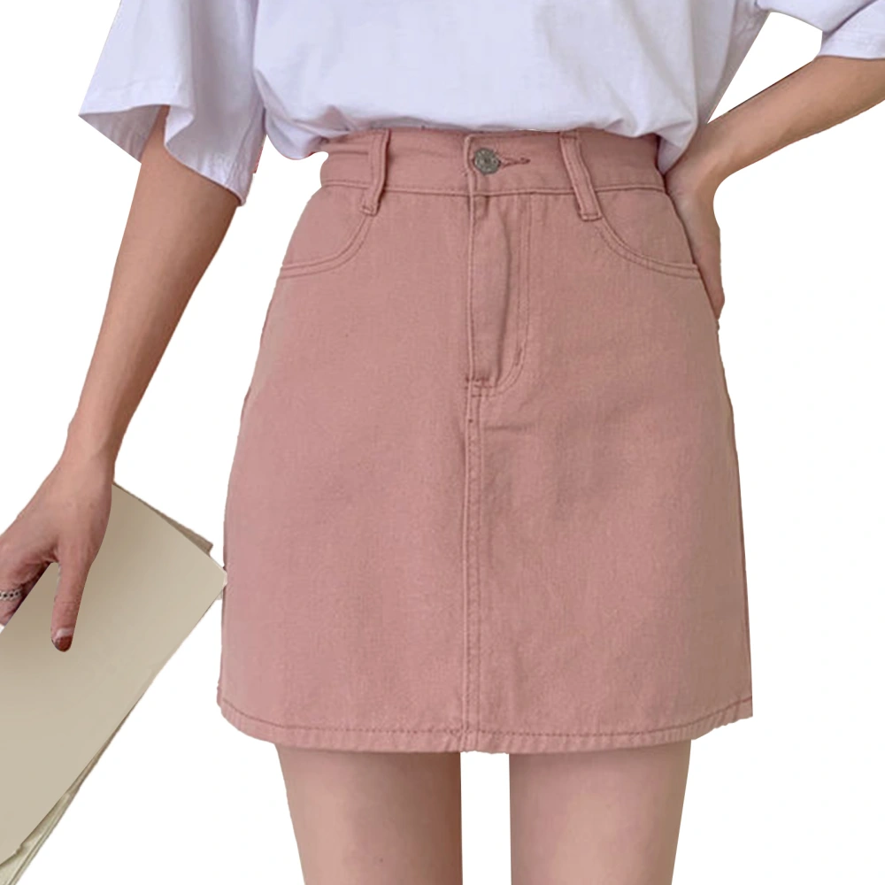 Women A Line Denim Short Skirt High Waisted Straight Pure Color Slim Fitting Short Skirt Pink M