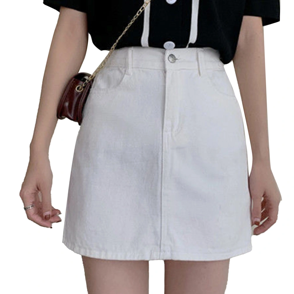 Women A Line Denim Short Skirt High Waisted Straight Pure Color Slim Fitting Short Skirt White M