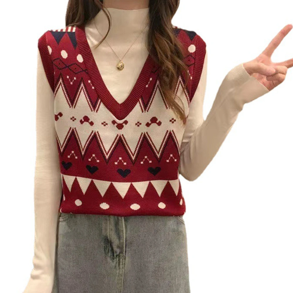 Women Sleeveless V Neck Knitted Top Geometric Pattern Casual Loose Fitting Vest Sweater Jujube Red Free Size