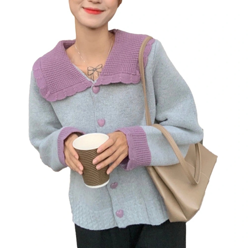 Doll Collar Knit Outwear Women Christmas Party Long Sleeve Heart Shaped Button Color Block Sweater Top Grey Free Size