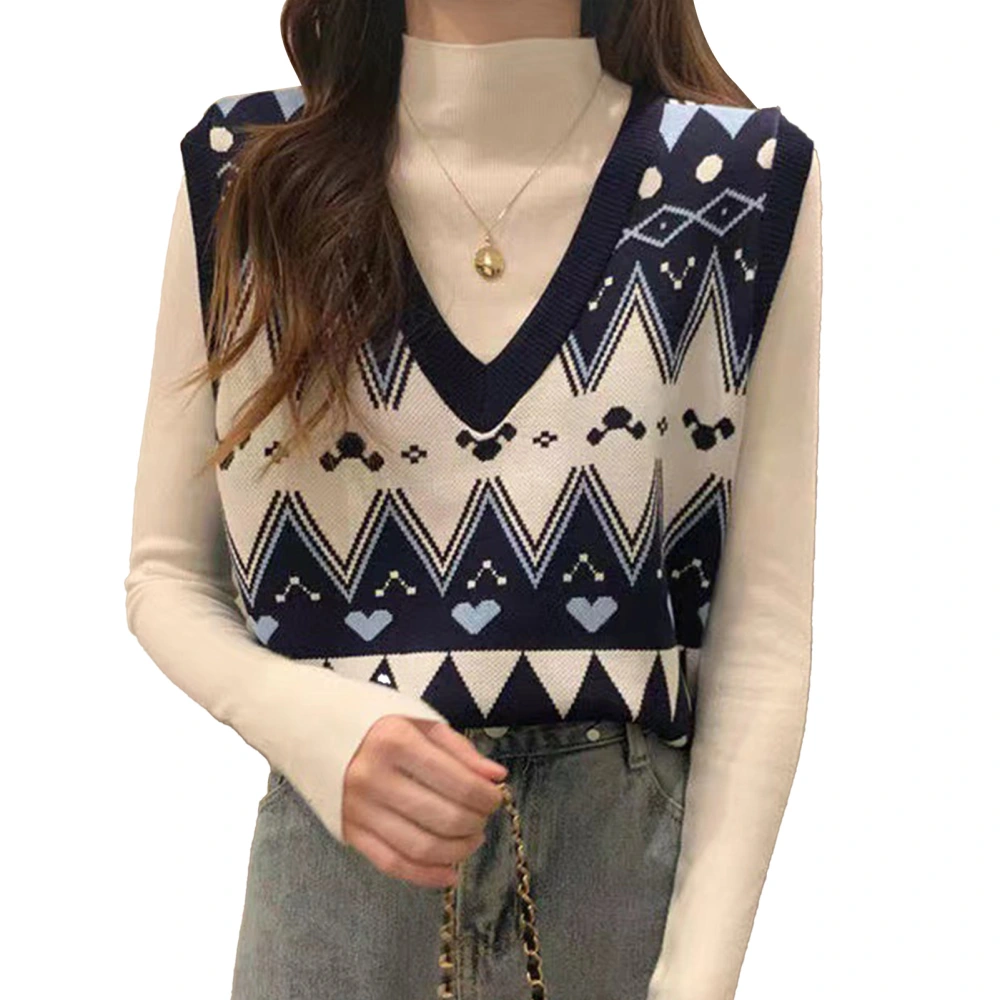 Women Sleeveless V Neck Knitted Top Geometric Pattern Casual Loose Fitting Vest Sweater Royalblue Free Size