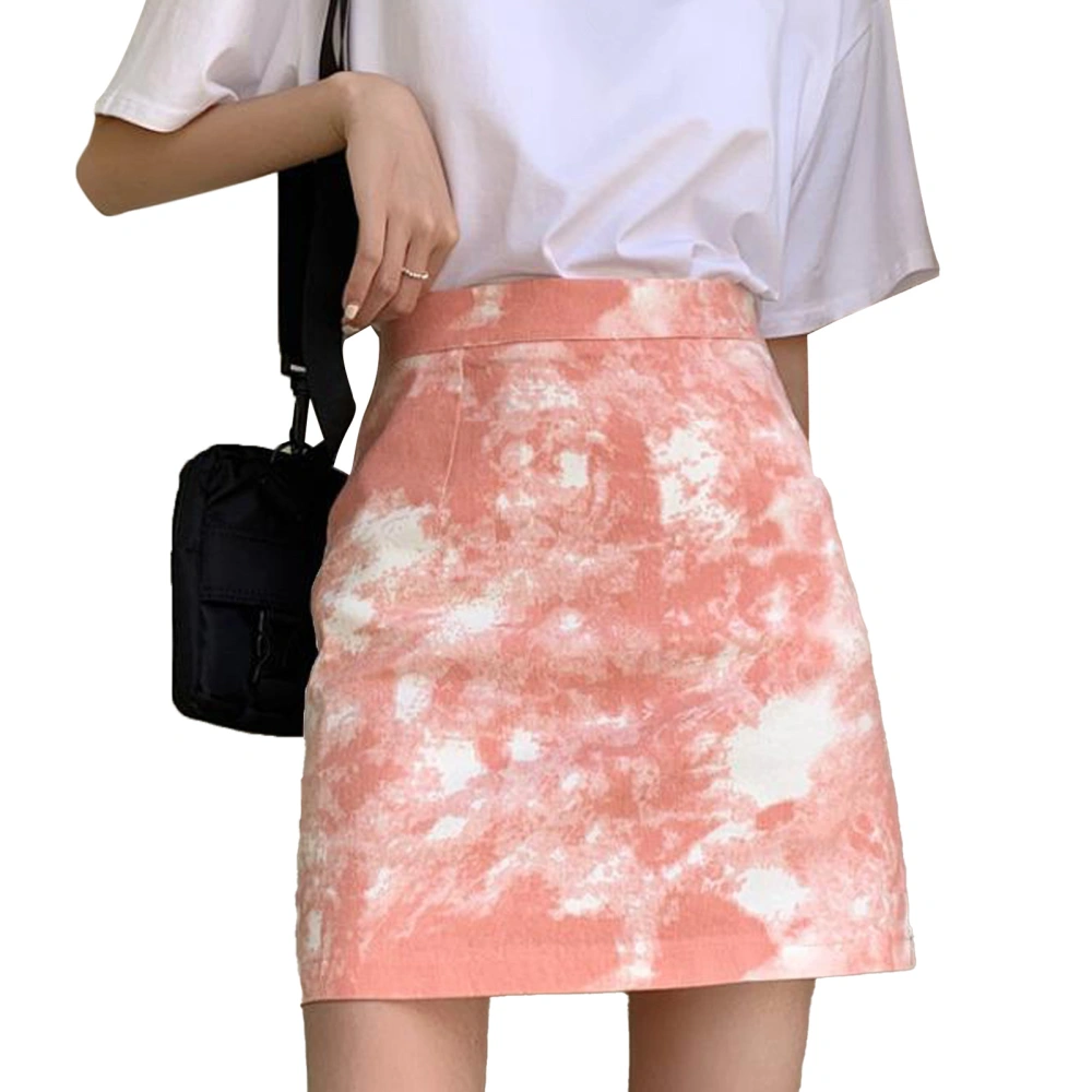 Women Skirt A Line High Waist Slim Fit Girl Dress Polyester for Party Date Office Pink M