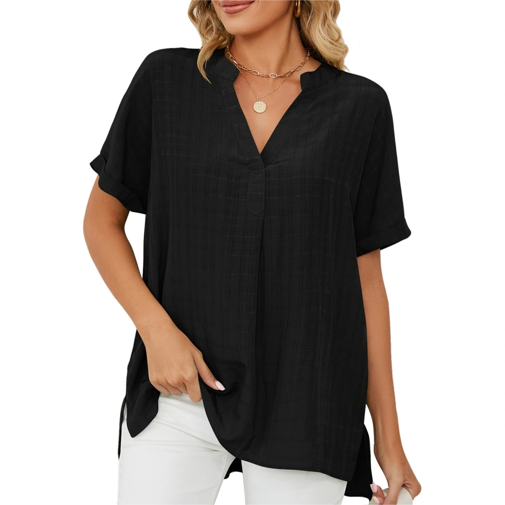 T Shirt V Neck Side Slit Short Sleeve Loose Plain Stylish Comfortable Summer Top for Work Daily Black XL