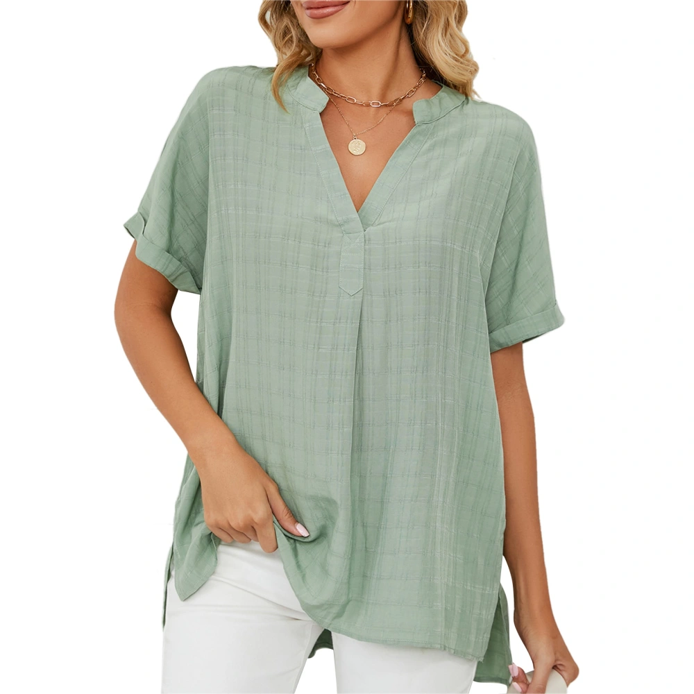 T Shirt V Neck Side Slit Short Sleeve Loose Plain Stylish Comfortable Summer Top for Work Daily Light Green M