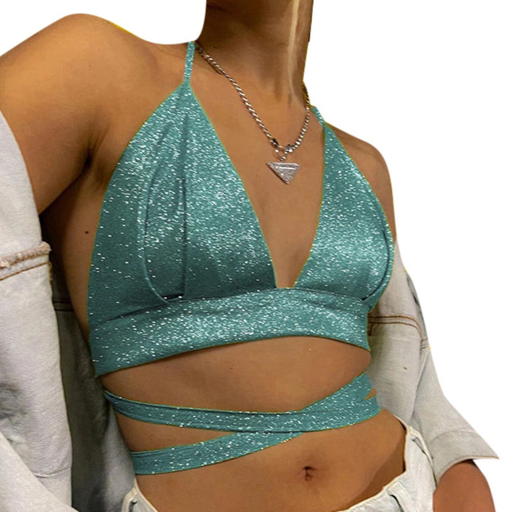 Deep V Neck Halter Top Women Bar Party Fashionable Shiny Giltter Criss Cross Triangle Cup Tank Top Green M