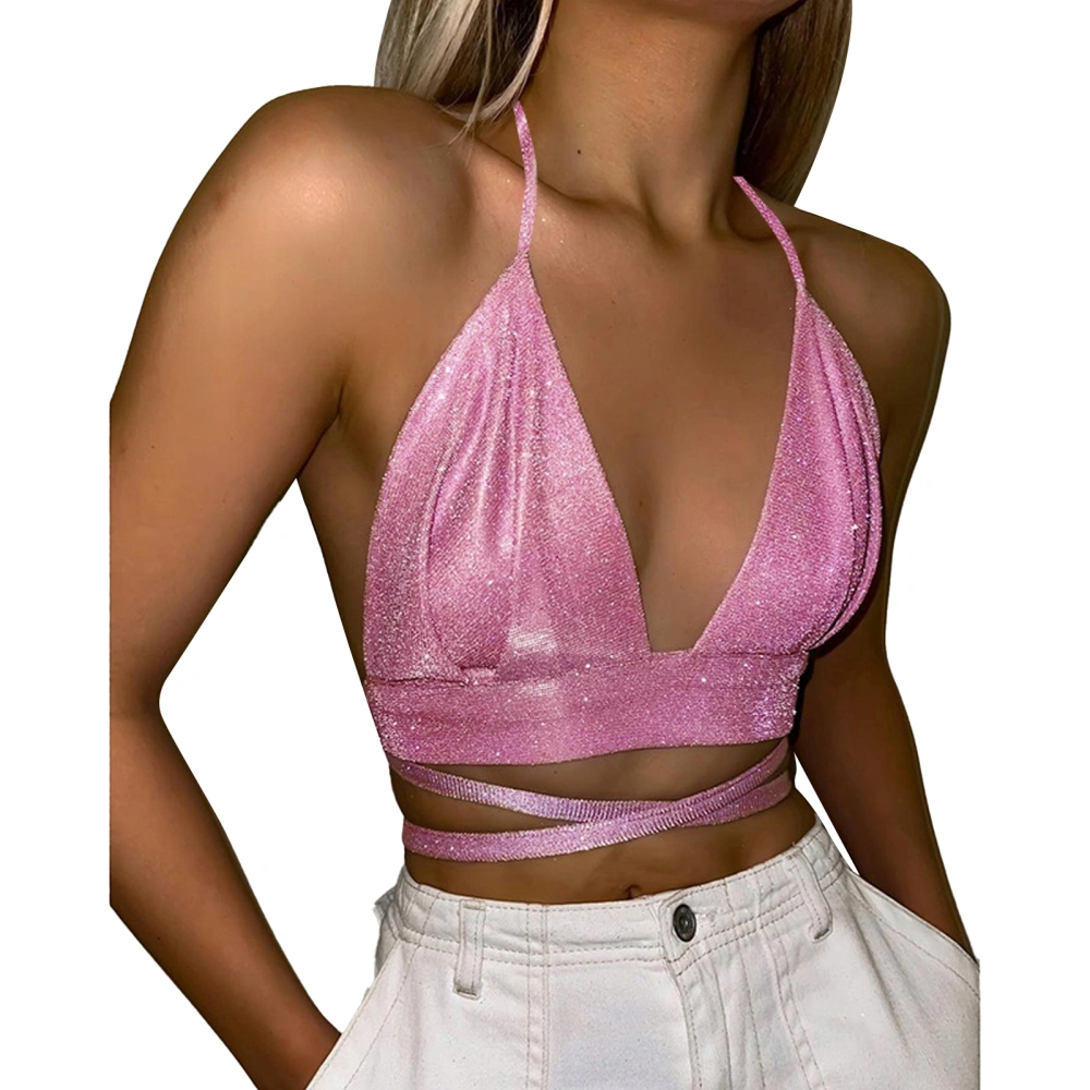 Deep V Neck Halter Top Women Bar Party Fashionable Shiny Giltter Criss Cross Triangle Cup Tank Top Pink M