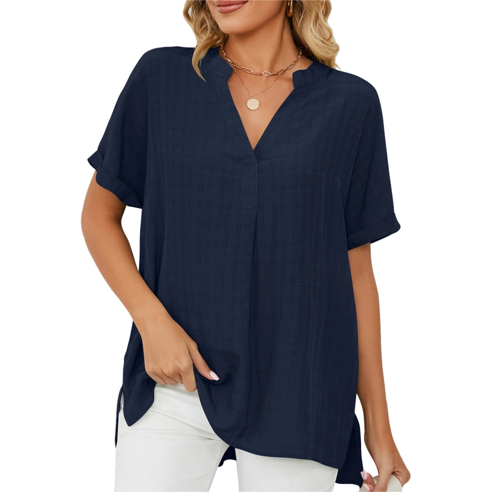 T Shirt V Neck Side Slit Short Sleeve Loose Plain Stylish Comfortable Summer Top for Work Daily Navy Blue XL