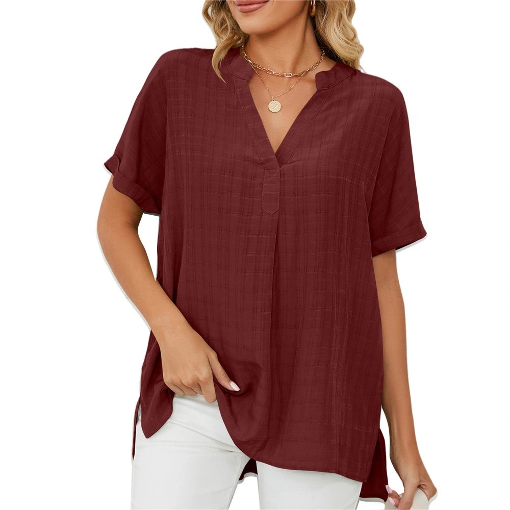 T Shirt V Neck Side Slit Short Sleeve Loose Plain Stylish Comfortable Summer Top for Work Daily Wine Red M