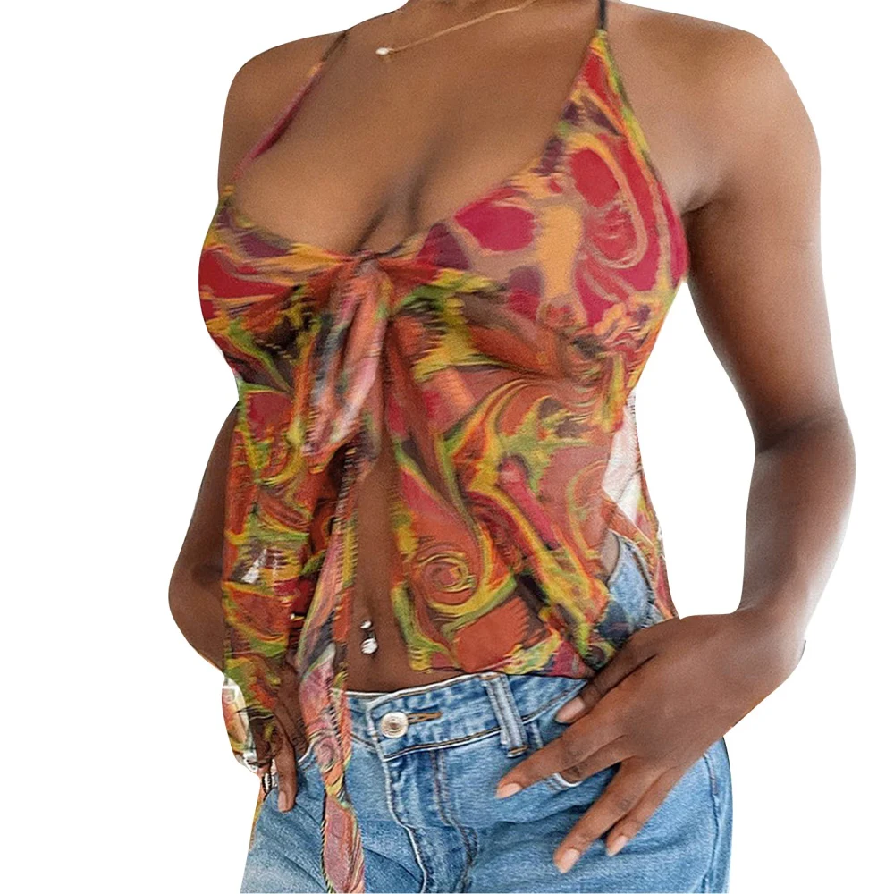 Women Deep V Neck Tie Front Top Halter Neck Split Hem Backless Vintage Summer Outfit Rose Red M