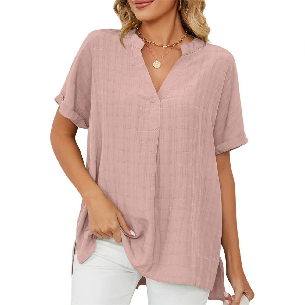 T Shirt V Neck Side Slit Short Sleeve Loose Plain Stylish Comfortable Summer Top for Work Daily Pink L