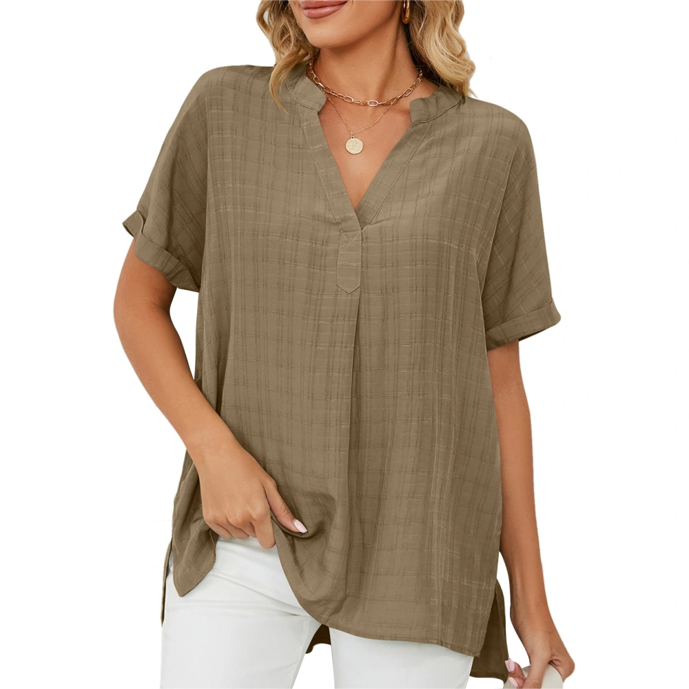 T Shirt V Neck Side Slit Short Sleeve Loose Plain Stylish Comfortable Summer Top for Work Daily Khaki XXL