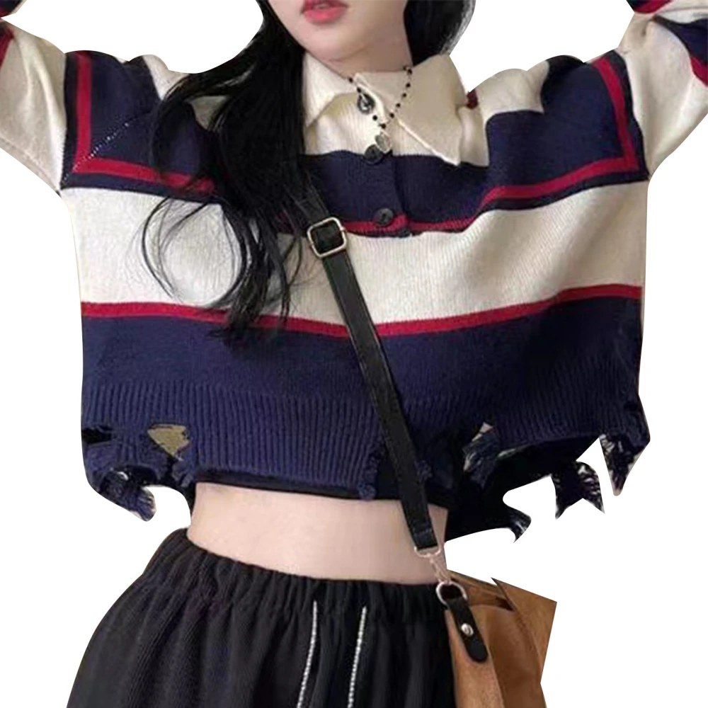 Color Block Strip Sweater Broken Hole Vintage Turn Down Collar Striped Knitted Pullover Top for Women White Free Size