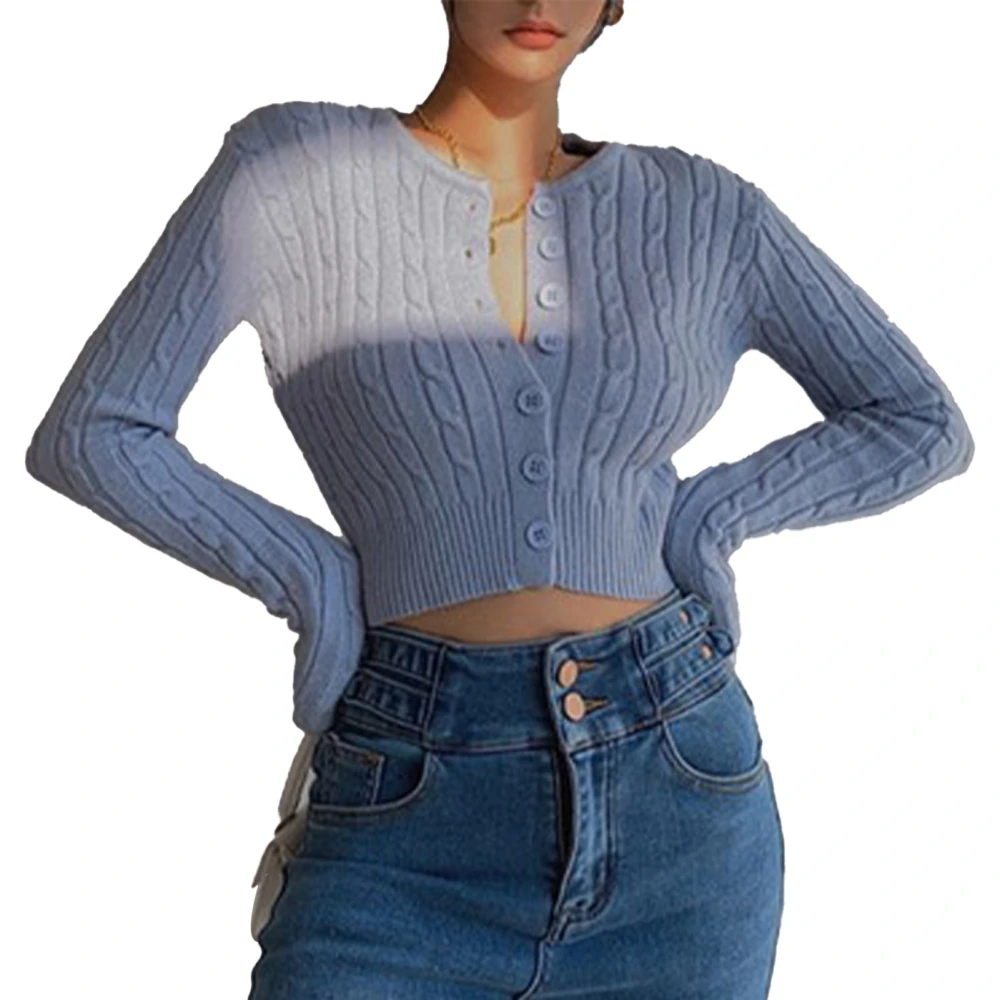 V Neck Button Knit Sweater Soft Breathable Slim Retro Cable Knit Open Front Sweater for Daily Outdoor Blue Free Size