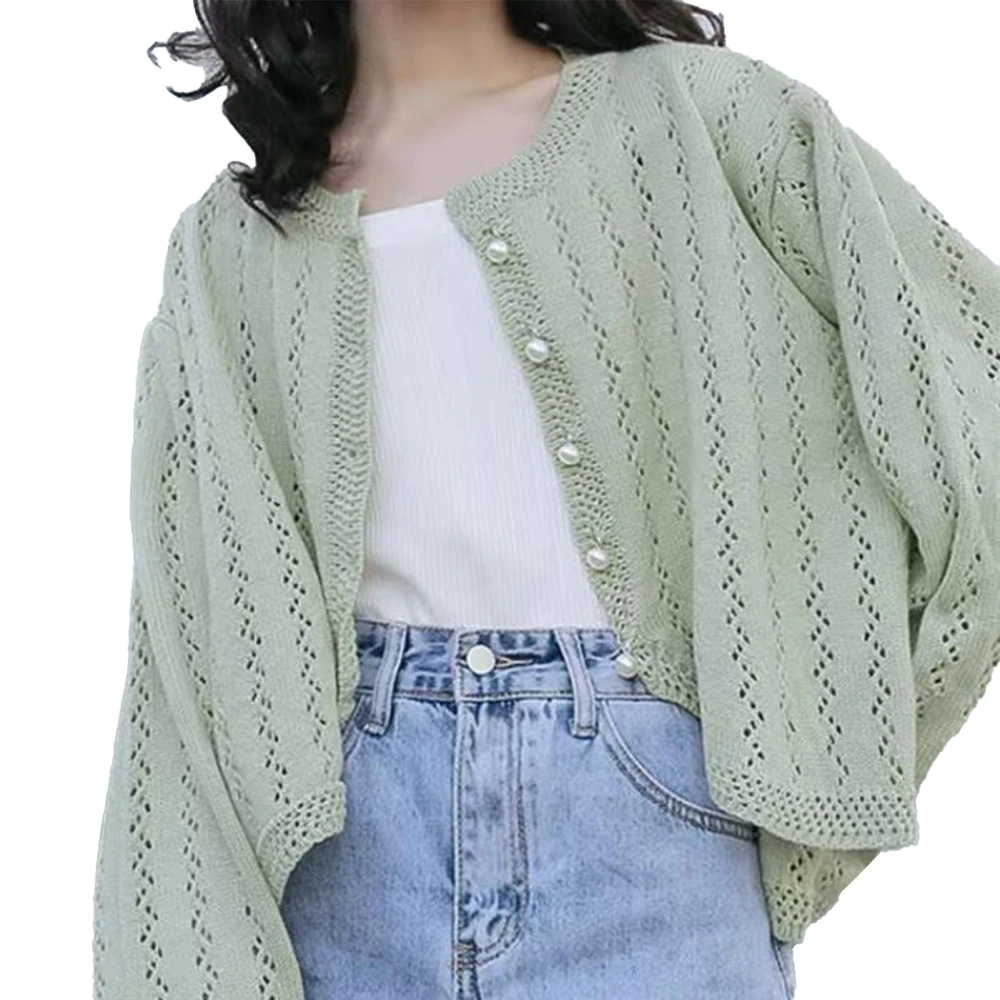 Open Front Short Sweater Hollow Out Button Down Pure Color Thin Women Knitted Sweater Outwear for Spring Early Autumn Green Free Size