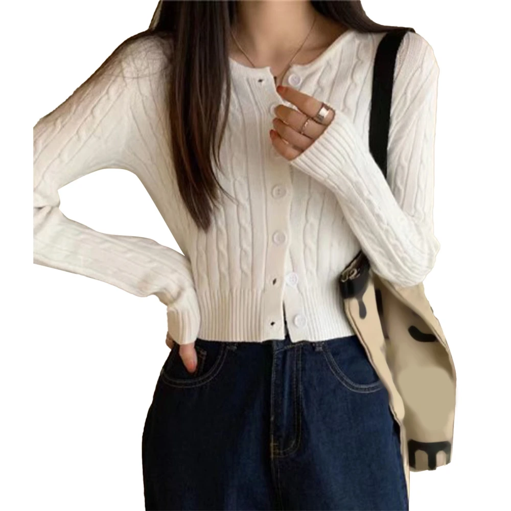 V Neck Button Knit Sweater Soft Breathable Slim Retro Cable Knit Open Front Sweater for Daily Outdoor White Free Size