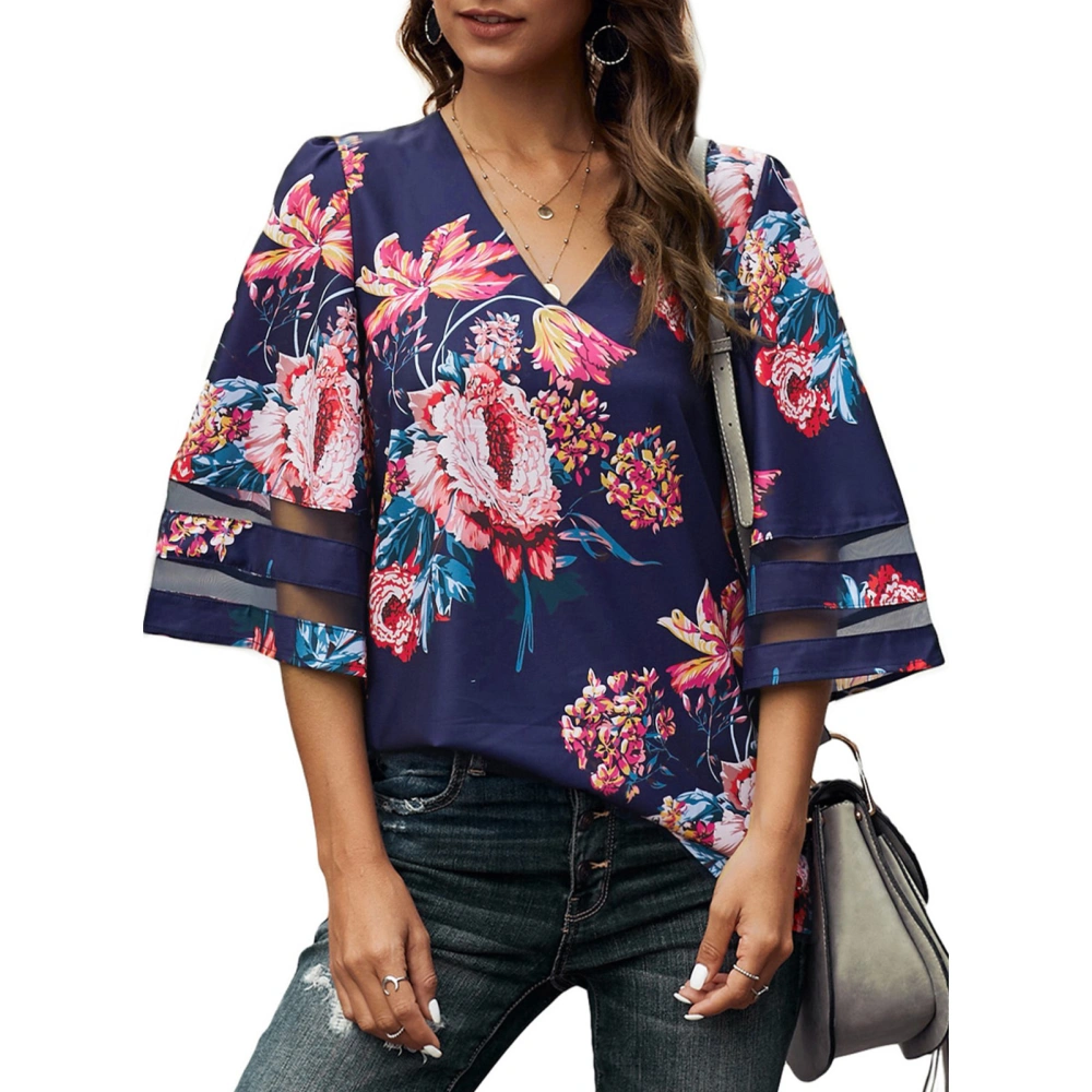 Chiffon Bell Sleeve Blouse V Collar Floral Printing Mesh Stitching Cuff Casual Chiffon Blouse Top Red XL