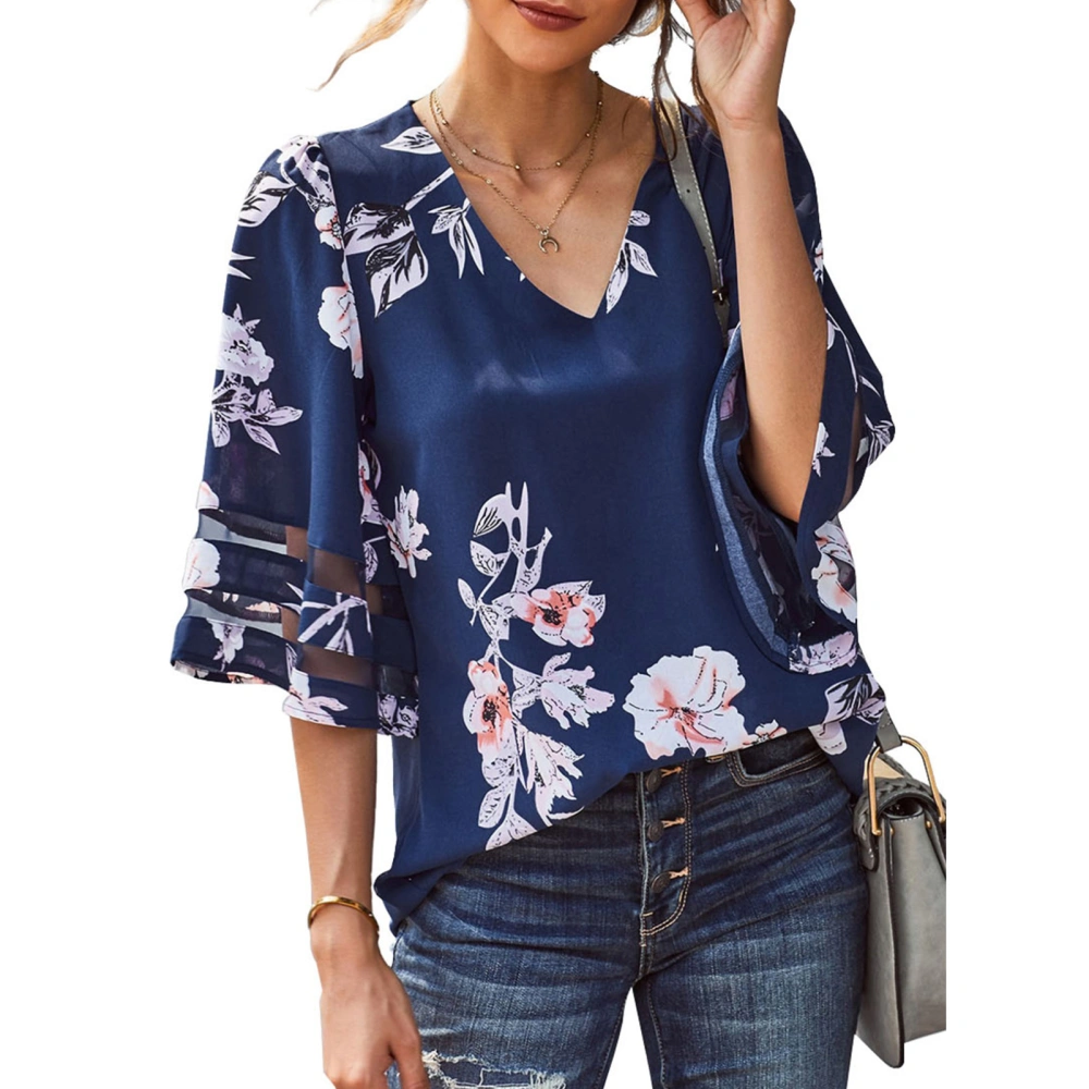 Chiffon Bell Sleeve Blouse V Collar Floral Printing Mesh Stitching Cuff Casual Chiffon Blouse Top Blue XXL